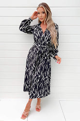 Black And White Printed Button Up Midi Shirt Dress