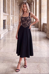 Black 2 in 1 Contrast Lace A-Line Midi Dress