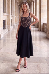 Black 2 in 1 Contrast Lace A-Line Midi Dress