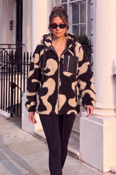 Black And Beige Swirl Print Pocket Detail Hooded Teddy Jacket