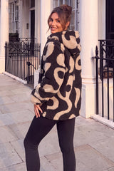 Black And Beige Swirl Print Pocket Detail Hooded Teddy Jacket