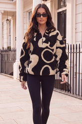 Black And Beige Swirl Print Teddy 1/4 Zip Sweatshirt