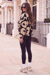Black And Beige Swirl Print Teddy 1/4 Zip Sweatshirt