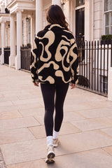 Black And Beige Swirl Print Teddy 1/4 Zip Sweatshirt