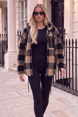Black And Camel Check Pocket Detail Hooded Teddy Jacket