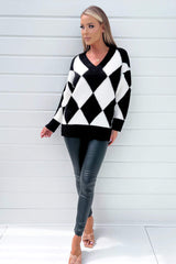 Black And White Geo Diamond Pattern V Neck Long Sleeve Knitted Jumper