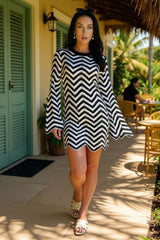 Black And White Zig Zag Long Sleeve Crochet Mini Dress