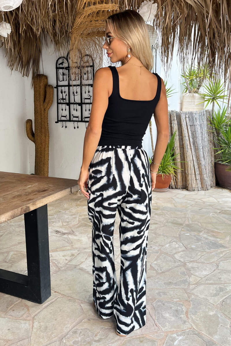Black And White Animal Print Wide Leg Trousers