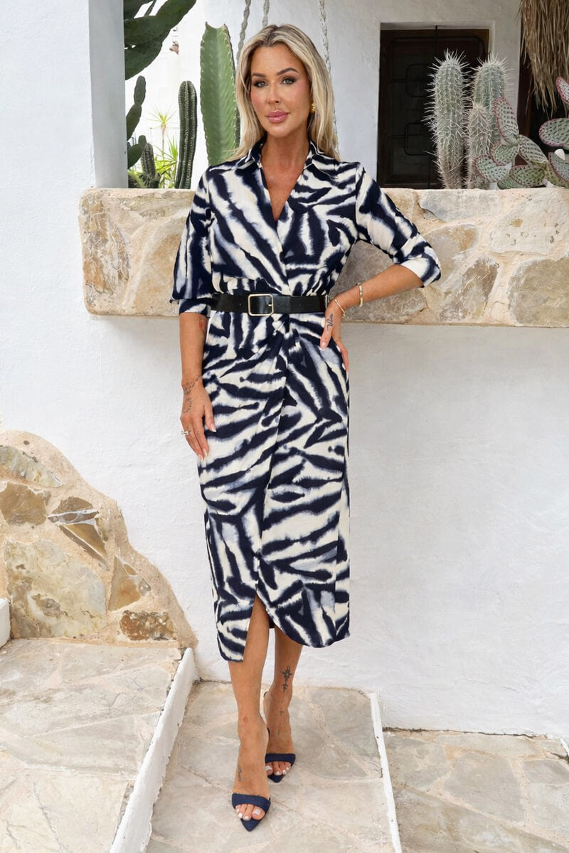 Black And White Animal Print Belted Wrap Shirt Midi Dress