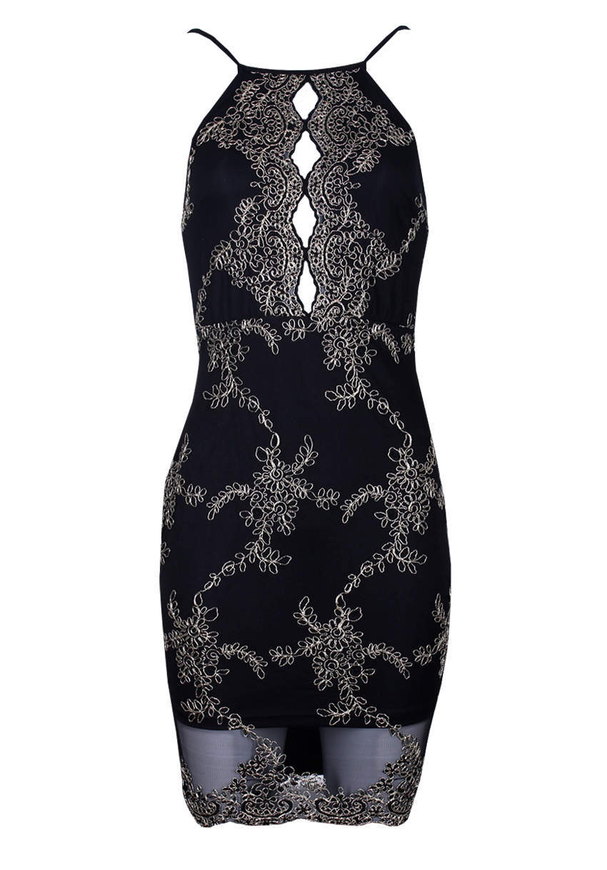 Black and Gold Embroidered High neck Bodycon Dress
