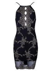 Black and Gold Embroidered High neck Bodycon Dress