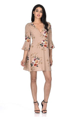 Beige Printed Wrap Over Skater Dress