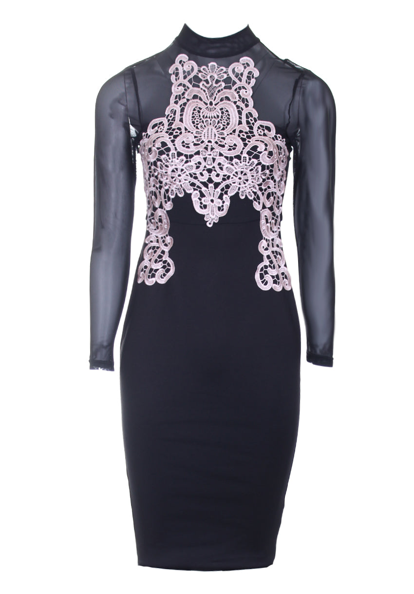 Black And Nude Crochet Detailing Long Sleeved Dress