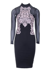 Black And Nude Crochet Detailing Long Sleeved Dress