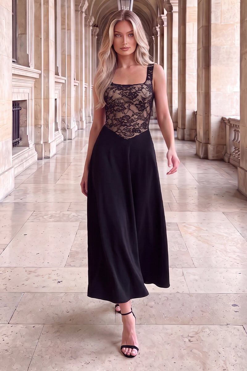 Black 2 in 1 Contrast Lace A-Line Midi Dress