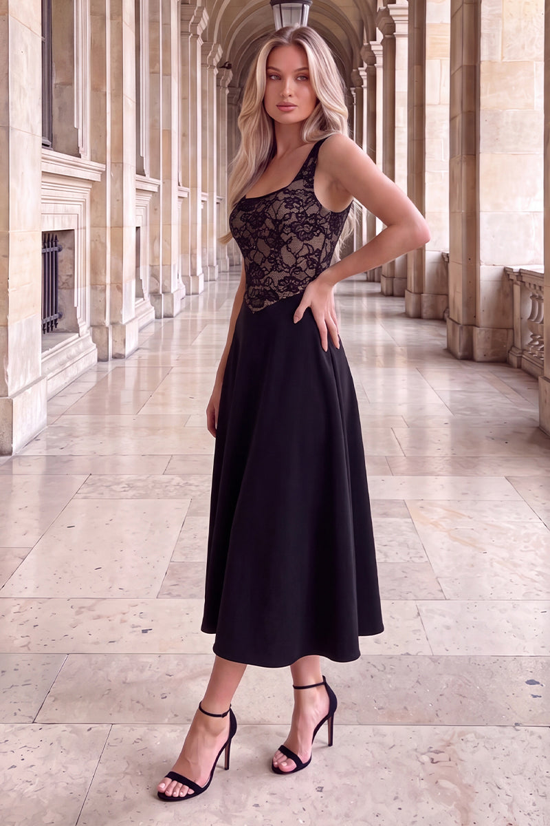 Black 2 in 1 Contrast Lace A-Line Midi Dress