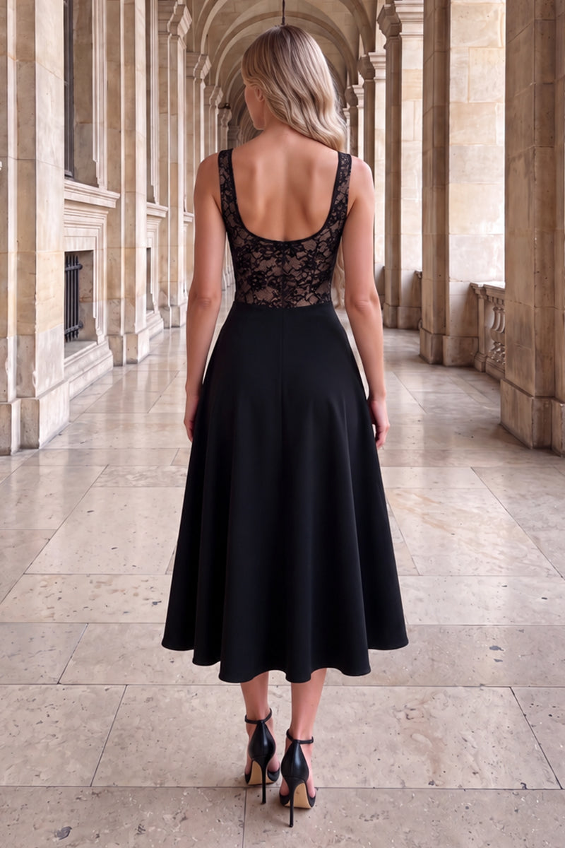 Black 2 in 1 Contrast Lace A-Line Midi Dress
