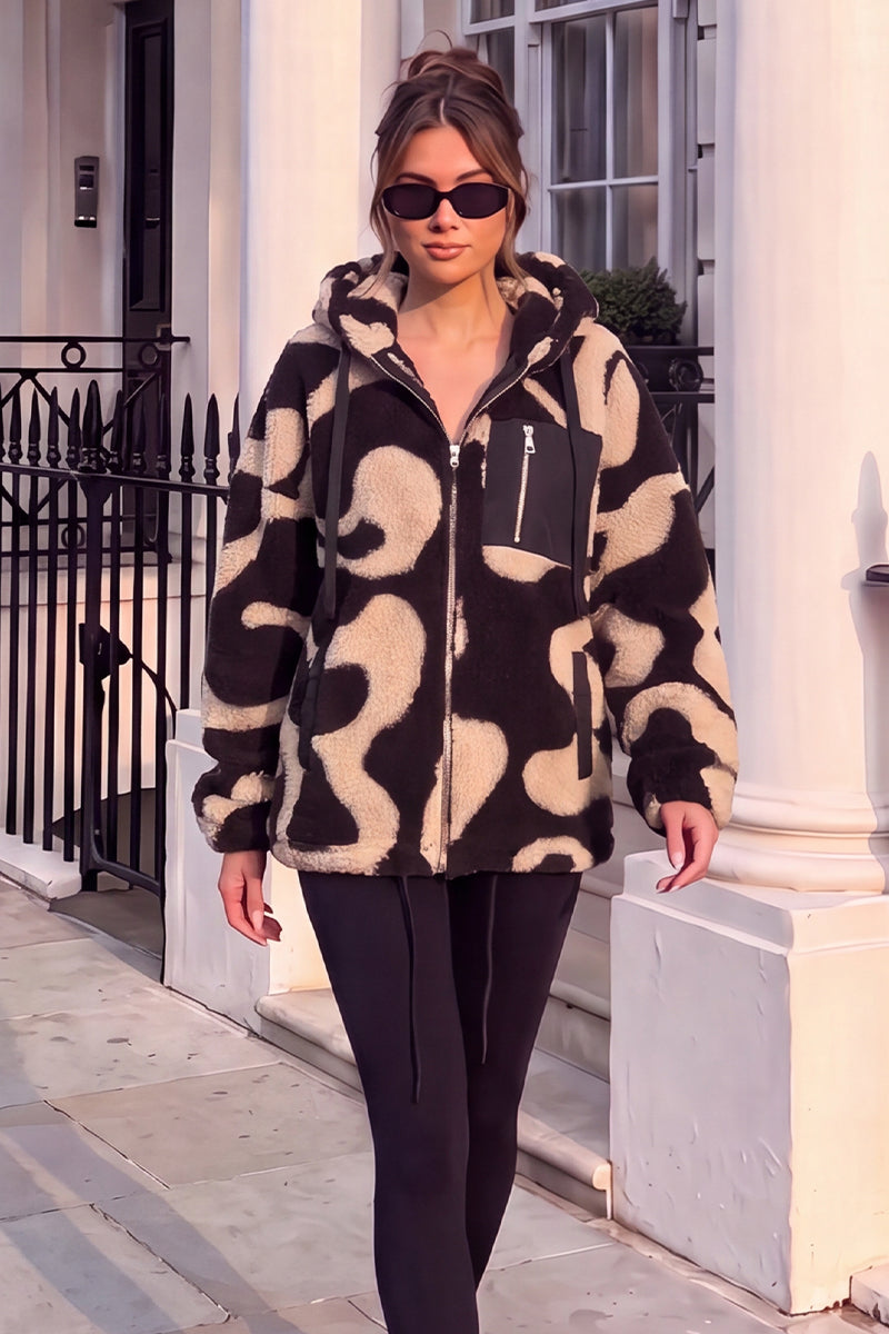 Black And Beige Swirl Print Pocket Detail Hooded Teddy Jacket