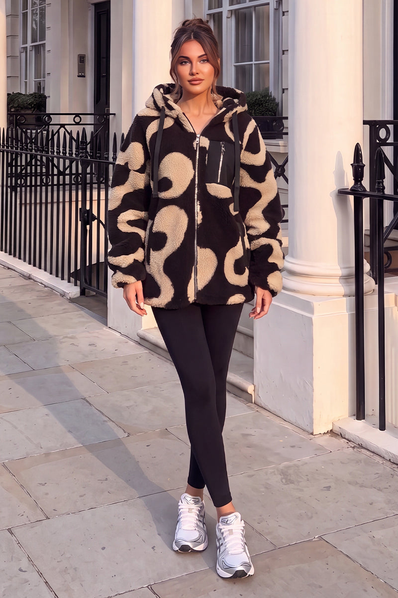Black And Beige Swirl Print Pocket Detail Hooded Teddy Jacket