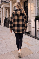 Black And Camel Check Pocket Detail Hooded Teddy Jacket