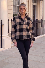 Black and Camel Check Teddy 1/4 Zip Sweatshirt