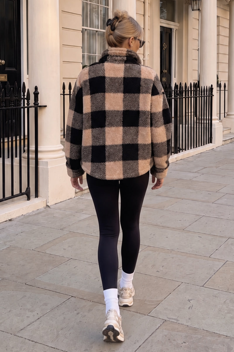 Black and Camel Check Teddy 1/4 Zip Sweatshirt