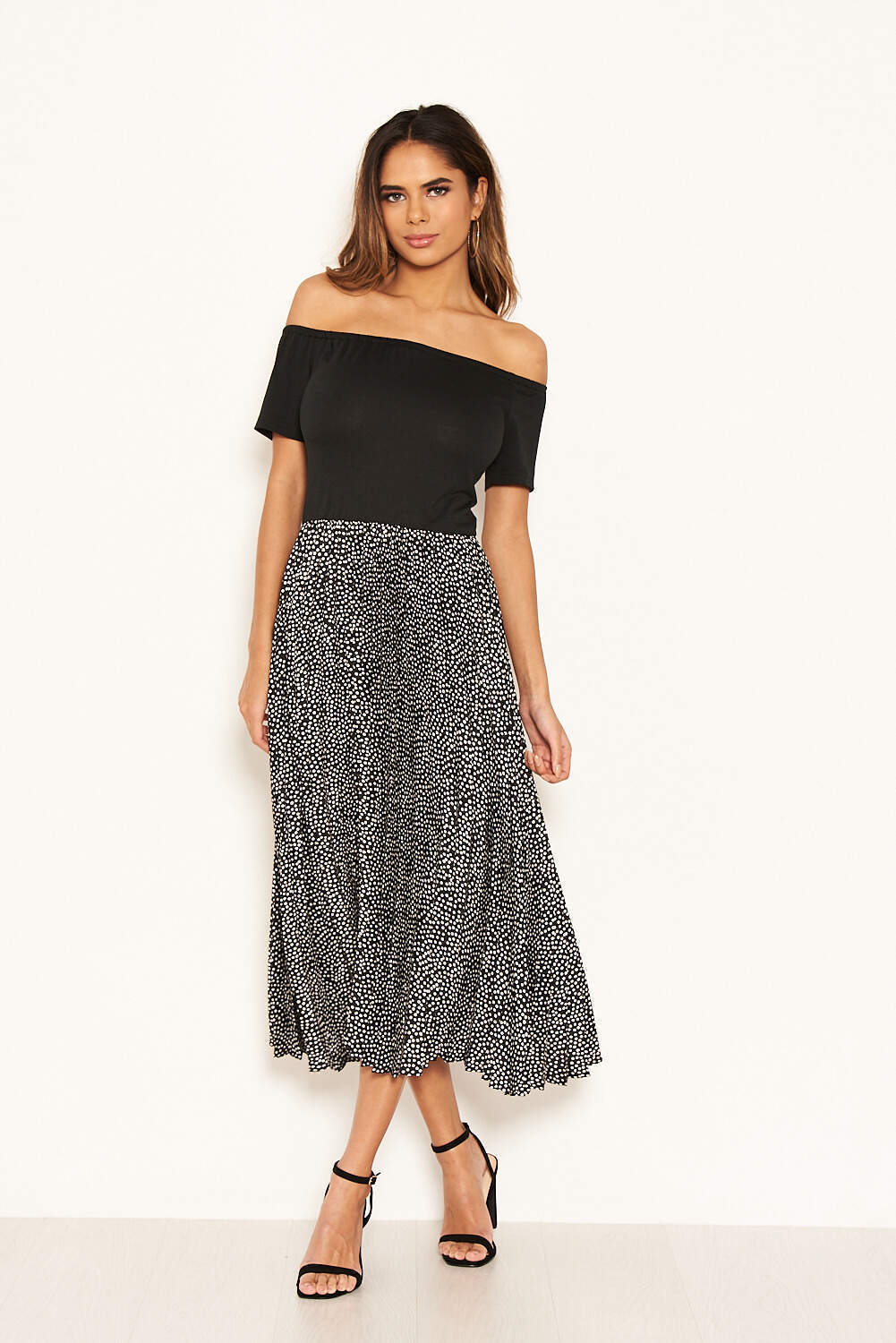 Black 2 in 1 Polka Dot Pleated Midi Dress